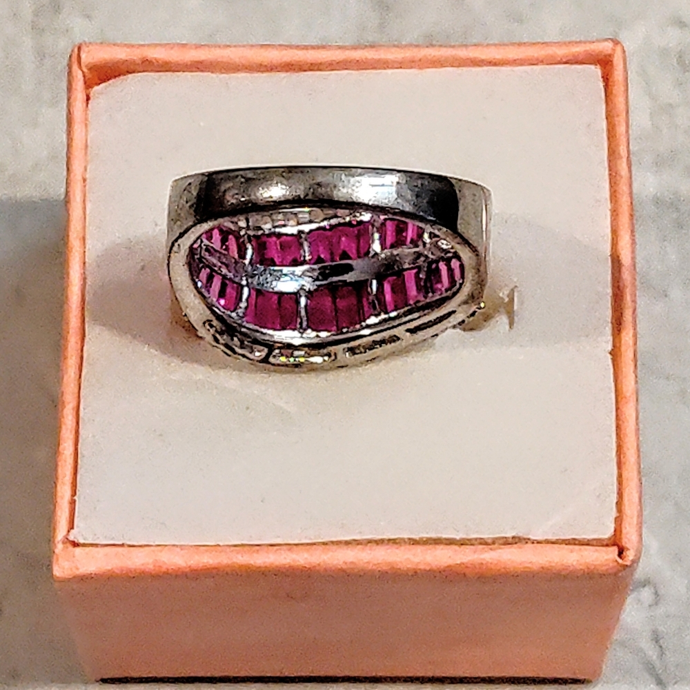 STERLING SILVER RUBY & DIAMOND RING BAGUETTE CUT RUBY & ROUND CUT DIAMONDS 8½ - Picture 11 of 16